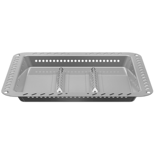 Silver rectangular grill tray with three compartments and perforated edges.
