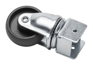 Swivel caster wheel with metal bracket and black rubber tire, suitable for furniture or equipment mobility.