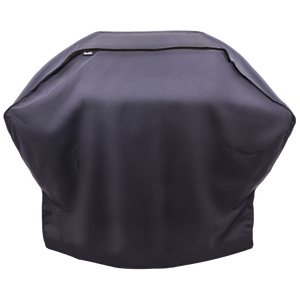 Black Char-Broil grill cover protecting a large outdoor grill, shown from the front.