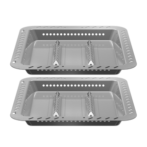 Gray rectangular grill pan with three compartments and vent holes.