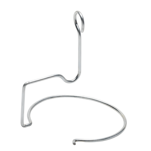 Metal wire egg topper holder with circular base and looped handle, designed for holding eggs securely.