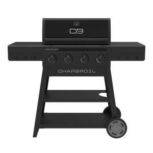 Black Char-Broil Performance Series gas grill with four burners and wheels.