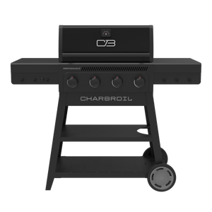 Black Char-Broil Performance Series gas grill with four burners and wheels.