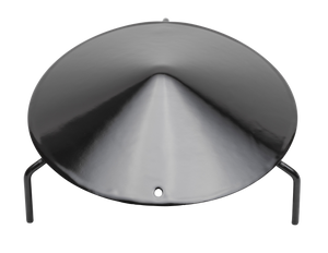 Black metal squirrel baffle with a cone shape and two side brackets for mounting on a pole.