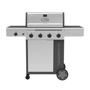 Silver Char-Broil Performance Series 4-burner gas grill with control knobs.