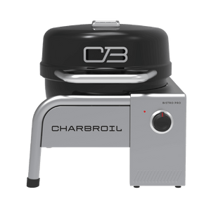 Black Char-Broil Bistro Pro electric grill with control knob and brand logo.