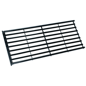 Black metal shelving unit with horizontal bars and vertical supports.
