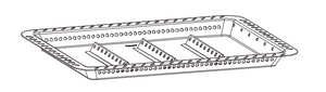 Rectangular perforated baking tray with raised dividers, ideal for even heat distribution and crisping food.