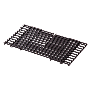 Black metal grill grate with multiple parallel bars.