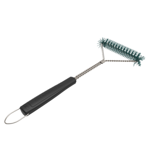 Black Char-Broil grill brush with green bristles and metal chain.