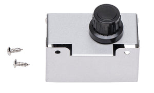Silver metal wall-mount dimmer switch with a large black knob and two installation screws included.