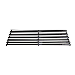 Black metal grill grate with parallel bars, ideal for cooking or grilling food. Rectangular and sturdy design.