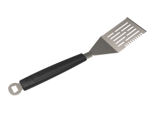 Black Char-Broil branded spatula with slotted head and ergonomic handle.