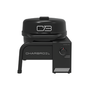 Front view of the Char-Broil Bistro Pro tabletop gas grill, featuring a black lid and control knob.