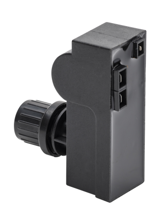 Black plastic rotary switch with a textured knob and rectangular housing, featuring two terminal connectors on the side.