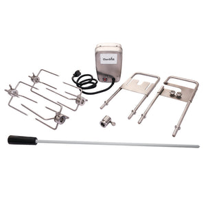 Silver Char-Broil electric rotisserie kit with motor, skewers, and accessories.
