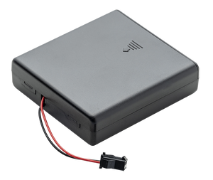 Black plastic battery holder with red and black wires, and a connector. Compact, rectangular design.