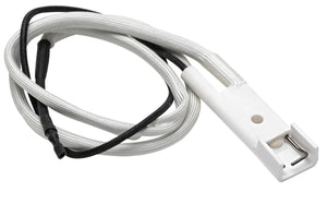 White ceramic igniter with attached braided wire, used for gas appliances. Compact, durable, and easy to install.