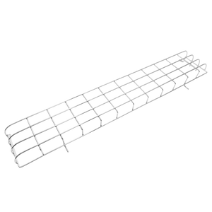 Silver wire mesh storage basket with curved ends.