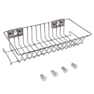 Silver metal dish drying rack with four screws and two clips.