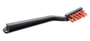 Black plastic handle brush with angled red bristles, ideal for cleaning tight spaces and surfaces.