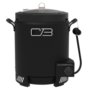 Black Char-Broil oil-less turkey fryer with control knob, side handles, and propane hose attachment.