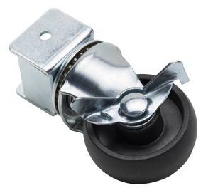 Swivel caster wheel with metal bracket and brake, black rubber wheel, suitable for furniture or carts.