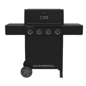 Black Char-Broil gas grill with four burners and side shelf.