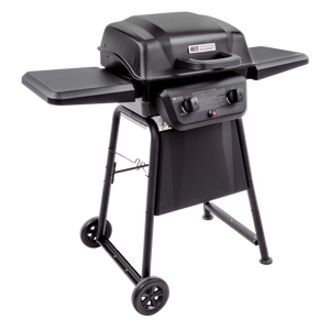 Black two-burner gas grill with side shelves and wheels, ideal for outdoor cooking and backyard gatherings.