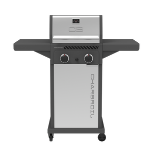 Char-Broil stainless steel gas grill with two control knobs, side shelves, and wheels for easy mobility.