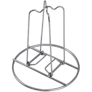 Silver wire dish drying rack with circular base and handle.