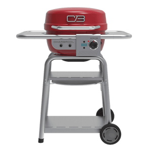 Red tabletop gas grill with silver stand, side shelves, control knob, and wheels for easy mobility.