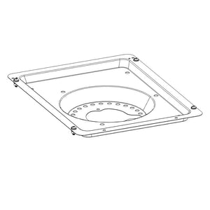 Square metal mounting plate with central circular cutout and multiple screw holes, designed for secure fixture installation.
