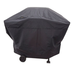 Black grill cover with wheels and brand logo.
