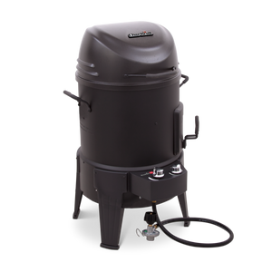 Black Char-Broil electric smoker with control knobs and hose.