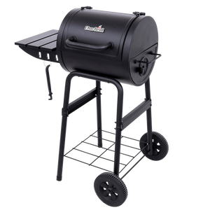 Black Char-Broil charcoal grill with wheels and side shelf.