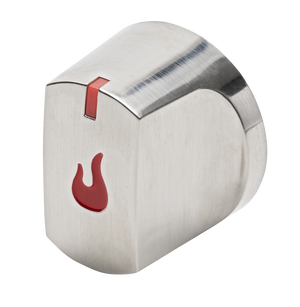 Brushed metal oven knob with a red flame icon and indicator, rounded edges, easy grip design.