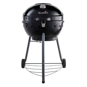 Black Char-Broil charcoal grill with thermometer and wheels.