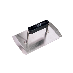 Stainless steel grill press with a black Char-Broil handle, ideal for pressing burgers or sandwiches on the grill.