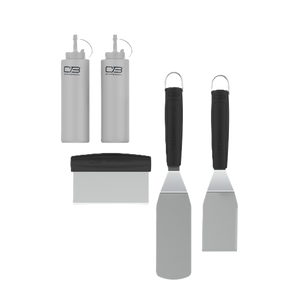 Char-Broil set including two white squeeze bottles, a spatula, and a scraper.