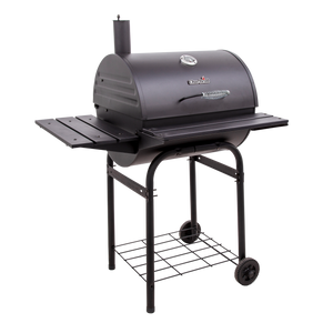 Black Char-Broil charcoal grill with side shelves and wheels.