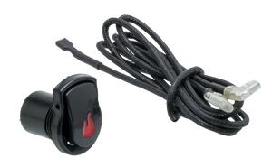 Black push-button switch with red flame icon and attached braided cable, suitable for electronic device control.