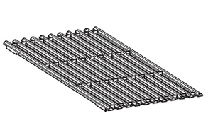 Metal grill grate with parallel bars, rectangular shape, used for cooking or ventilation. Black and white line drawing.