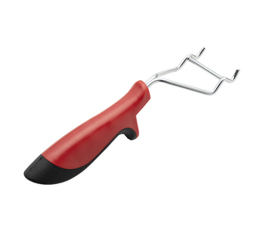 Red and black ergonomic jar opener with a metal claw for easy lid removal. Non-slip handle for better grip.