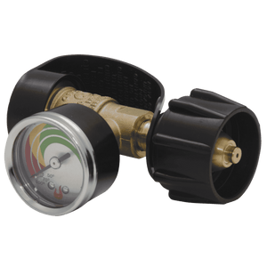 Black and gold pressure gauge with temperature scale and hose connector.