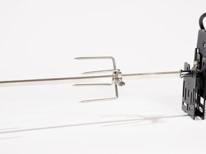 Silver metal tool with adjustable components and black mounting bracket.