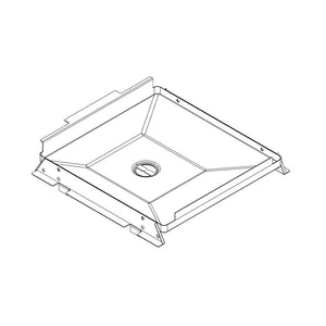Square metal shower base with central drain hole, sloped sides, and raised edges for easy water drainage and installation.