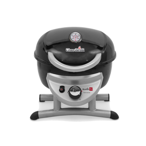 Char-Broil black tabletop gas grill with temperature gauge and control knob, ideal for patios and small outdoor spaces.