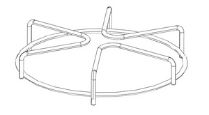 Metal stove burner grate with five raised supports and a circular base. Designed for stable pot placement.