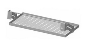 Metal wall-mounted shelf with perforated surface and side brackets for secure installation.